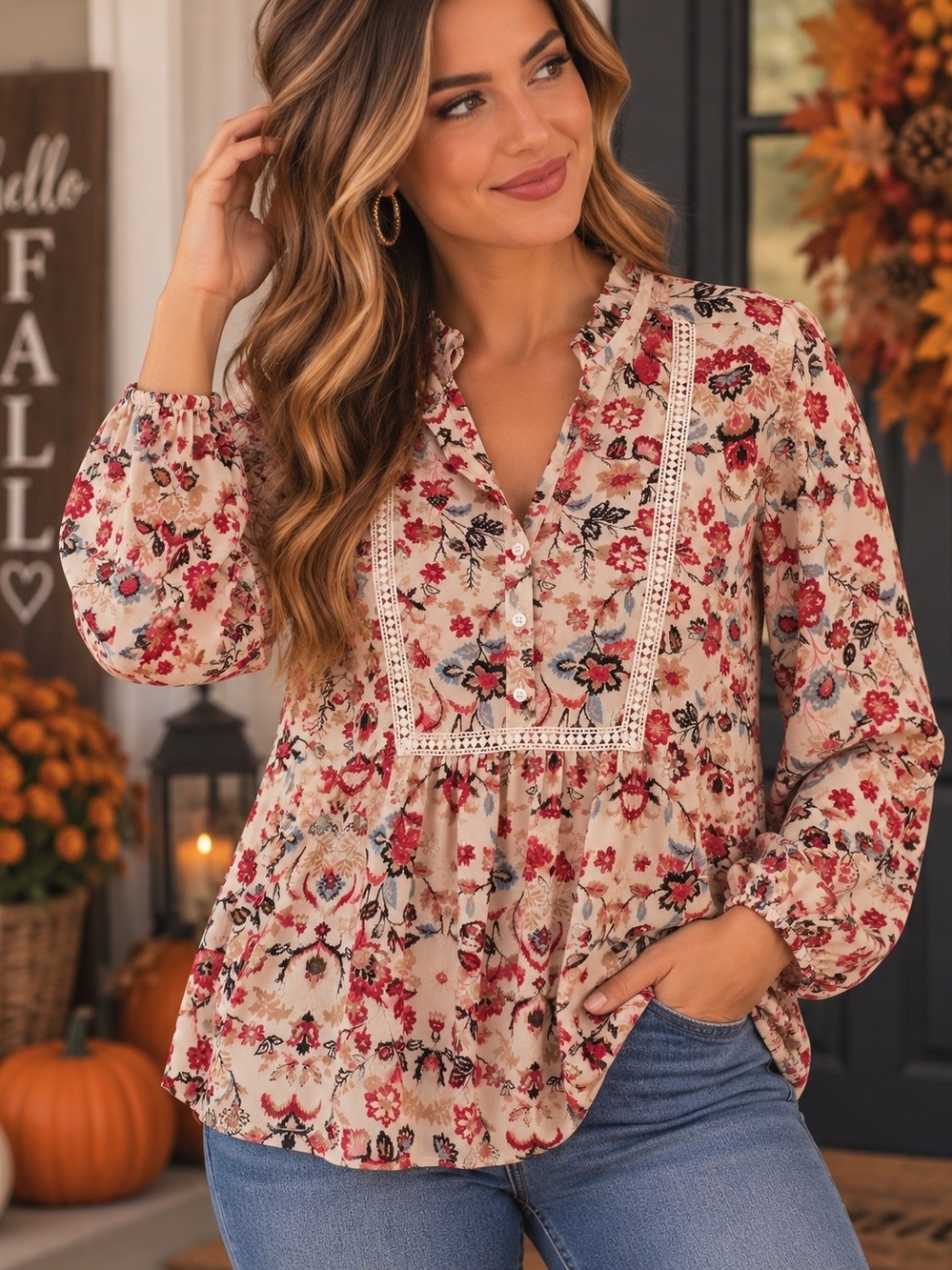 LOFT Medium Floral Boho Peasant Blouse Lace Trim Long Sleeve Fall Top
